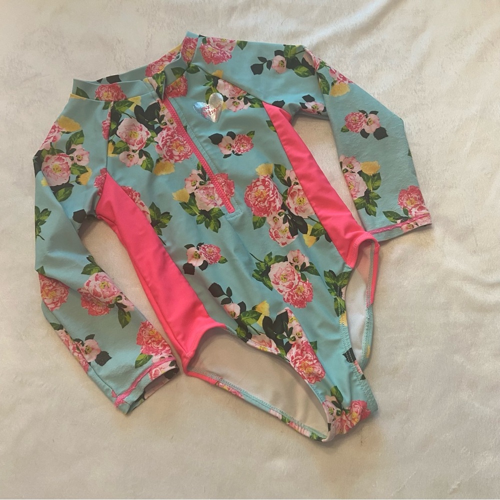 Betsey Johnson Girls 1 Pc Rash Guard Bodysuit Swimsuit Long Sleeves Size 4